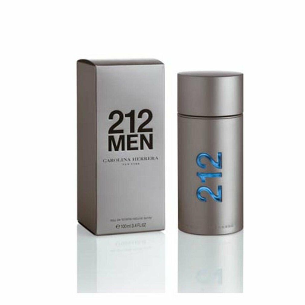 Scatola e flacone argentati. "212 MEN" e "Carolina Herrera" sulla scatola. Flacone a forma di capsula.