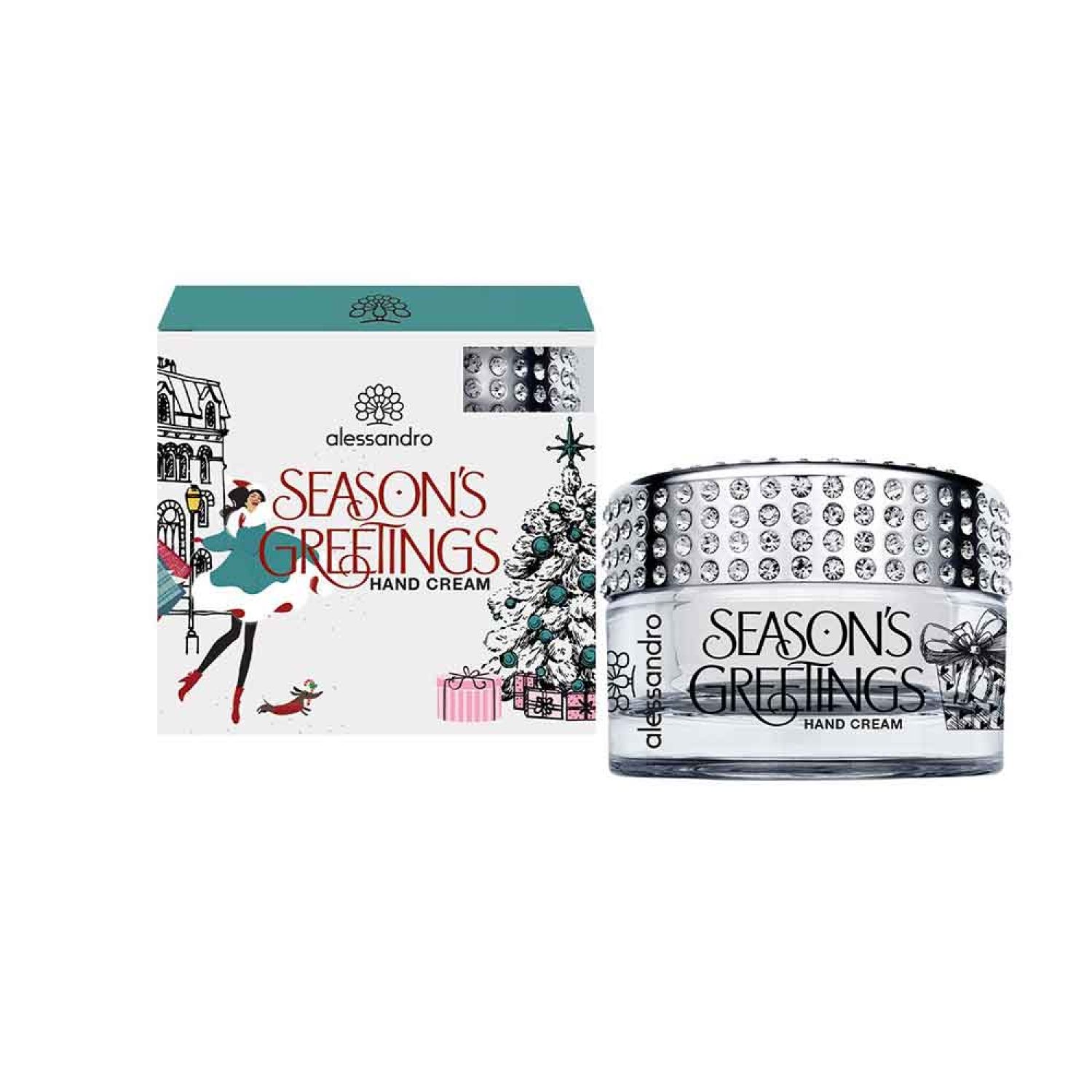 Handcreme-Tiegel und Verpackung. Aufschrift "Season's Greetings Hand Cream". Dekorative Elemente: Strass, Weihnachtsbaum, Geschenke.