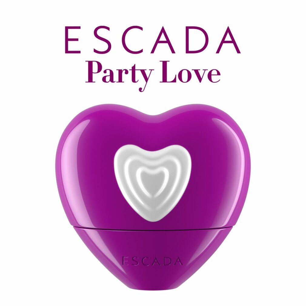 ESCADA Party Love Flakon. Lila Herzform mit weißem Herz. ESCADA-Logo.