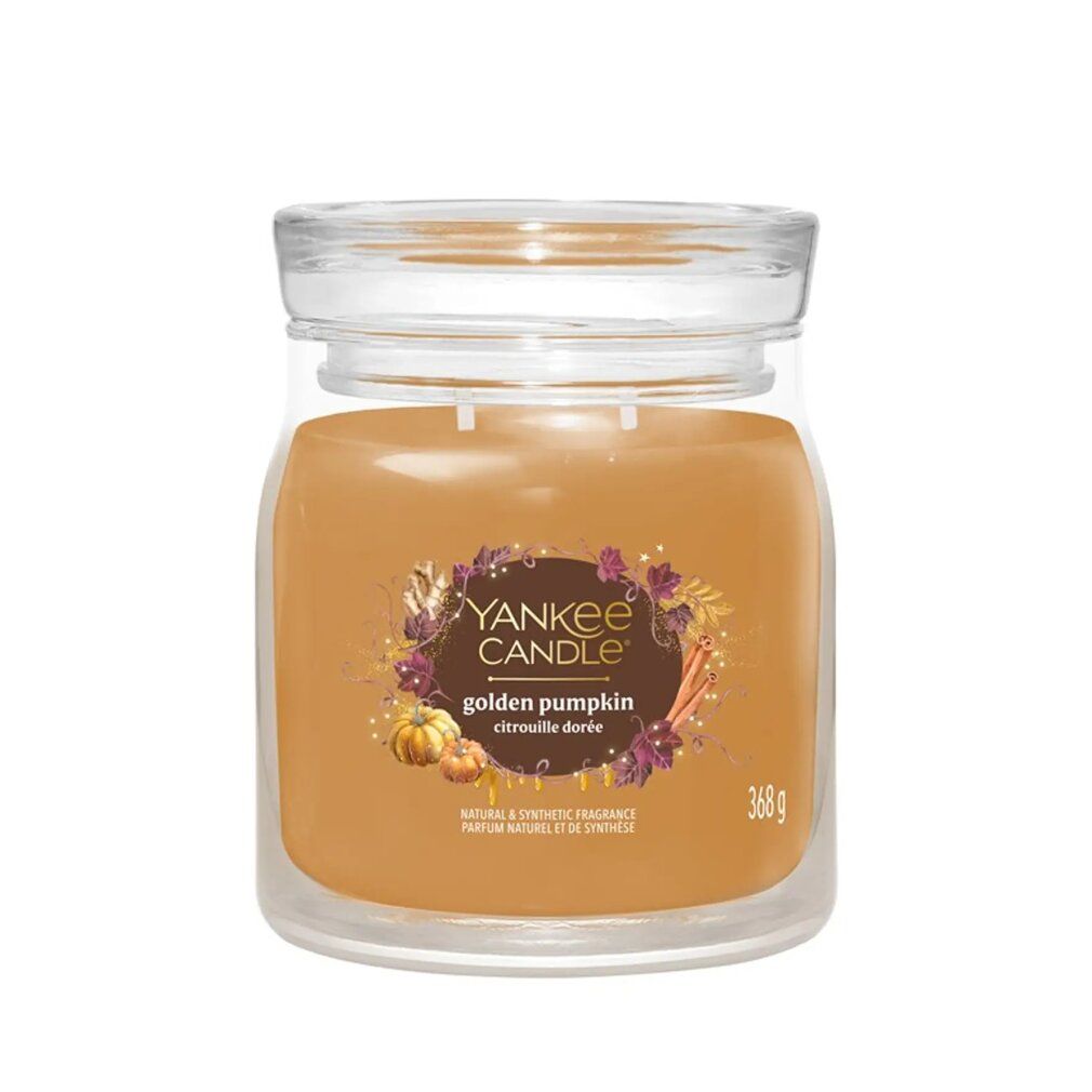 Glasbehälter mit Duftkerze. Aufkleber mit Produktname und 368 g. Deckel aus Glas. Golden Pumpkin-Motiv.