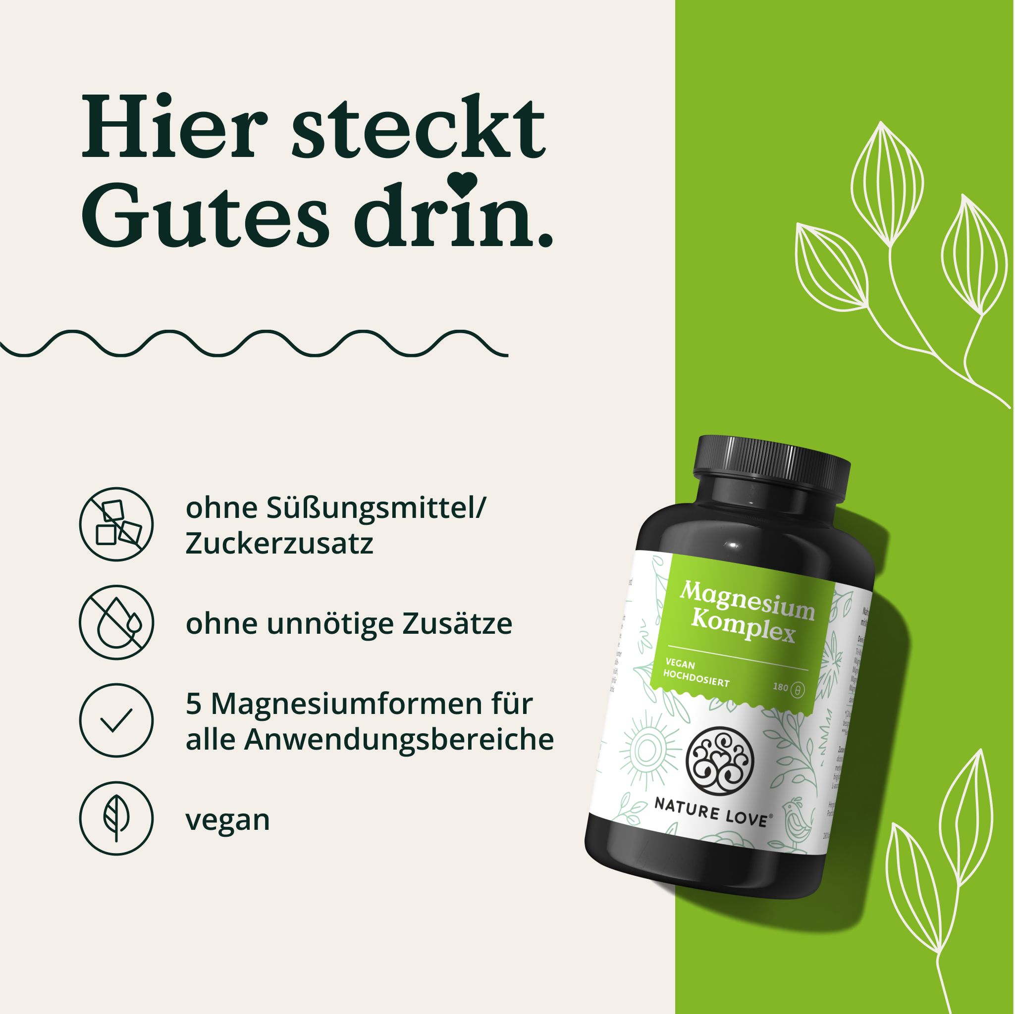 Schwarze Flasche mit Etikett. Ohne Süßungsmittel/Zuckerzusatz, ohne unnötige Zusätze, 5 Magnesiumformen, vegan. NATURE LOVE® Logo.