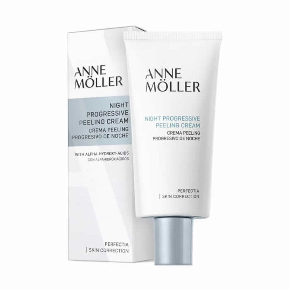 Weiße Tube und Schachtel. Aufschrift: ANNE MÖLLER, NIGHT PROGRESSIVE PEELING CREAM. Text: WITH ALPHA-HYDROXY-ACIDS. CREMA PEELING PROGRESIVO DE NOCHE.
