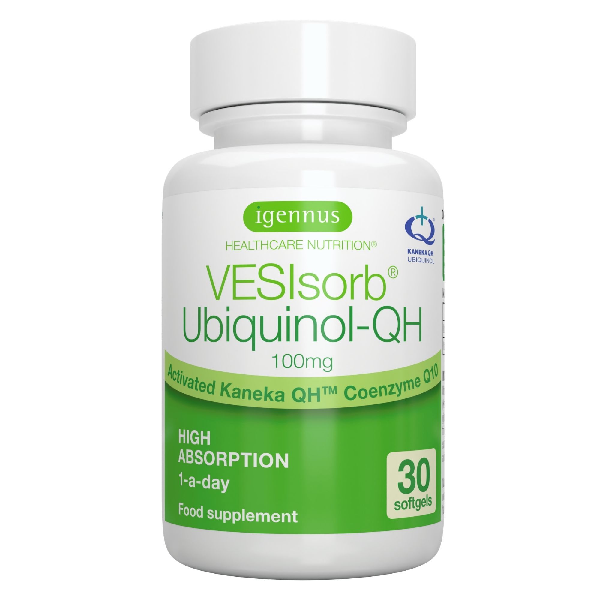 Flasche mit 30 Ubichinol-QH Weichkapseln, 100mg, mit hoher Absorption.