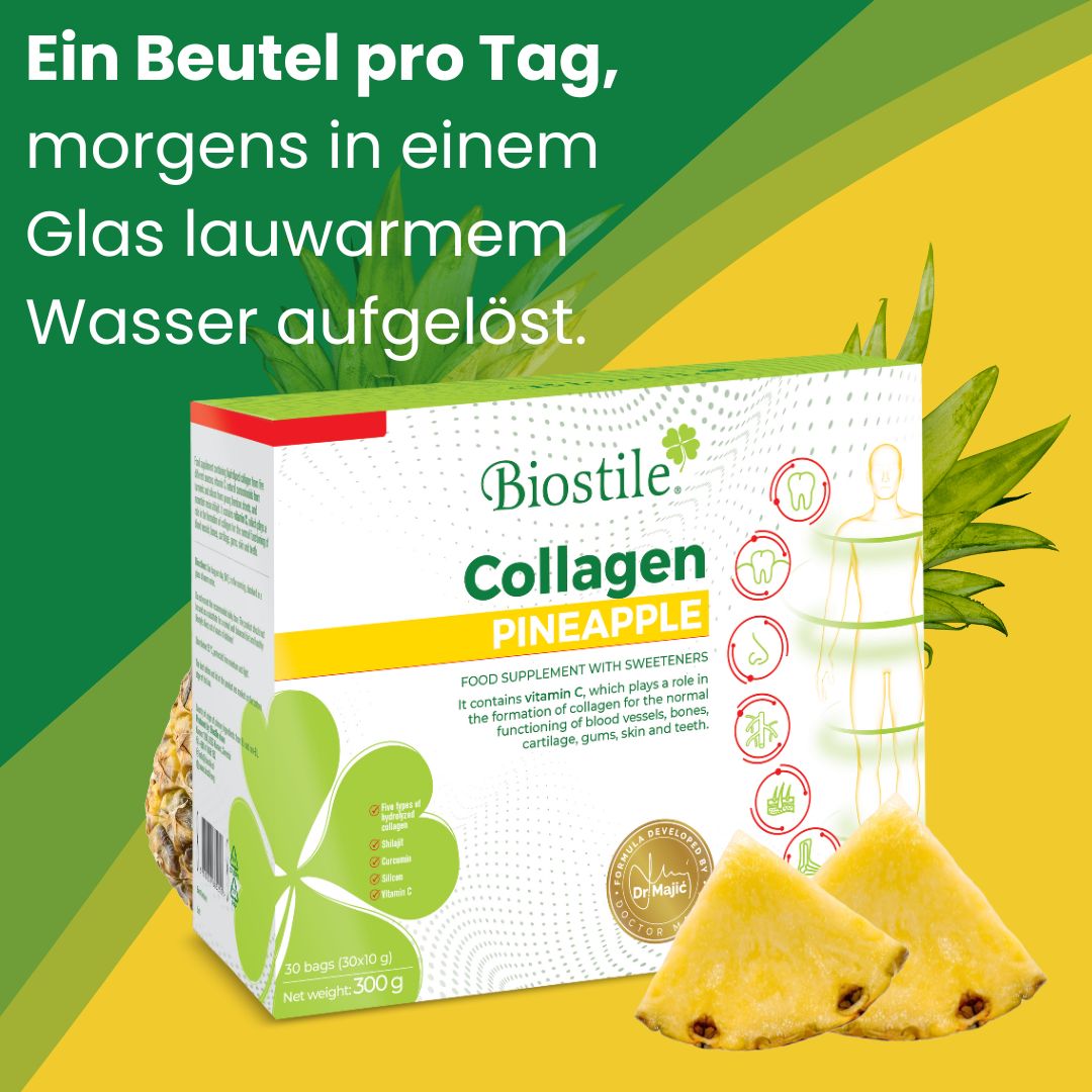 Biostile Collagen Pineapple Packung. Ein Beutel pro Tag, morgens in Wasser auflösen. Ananasstücke.