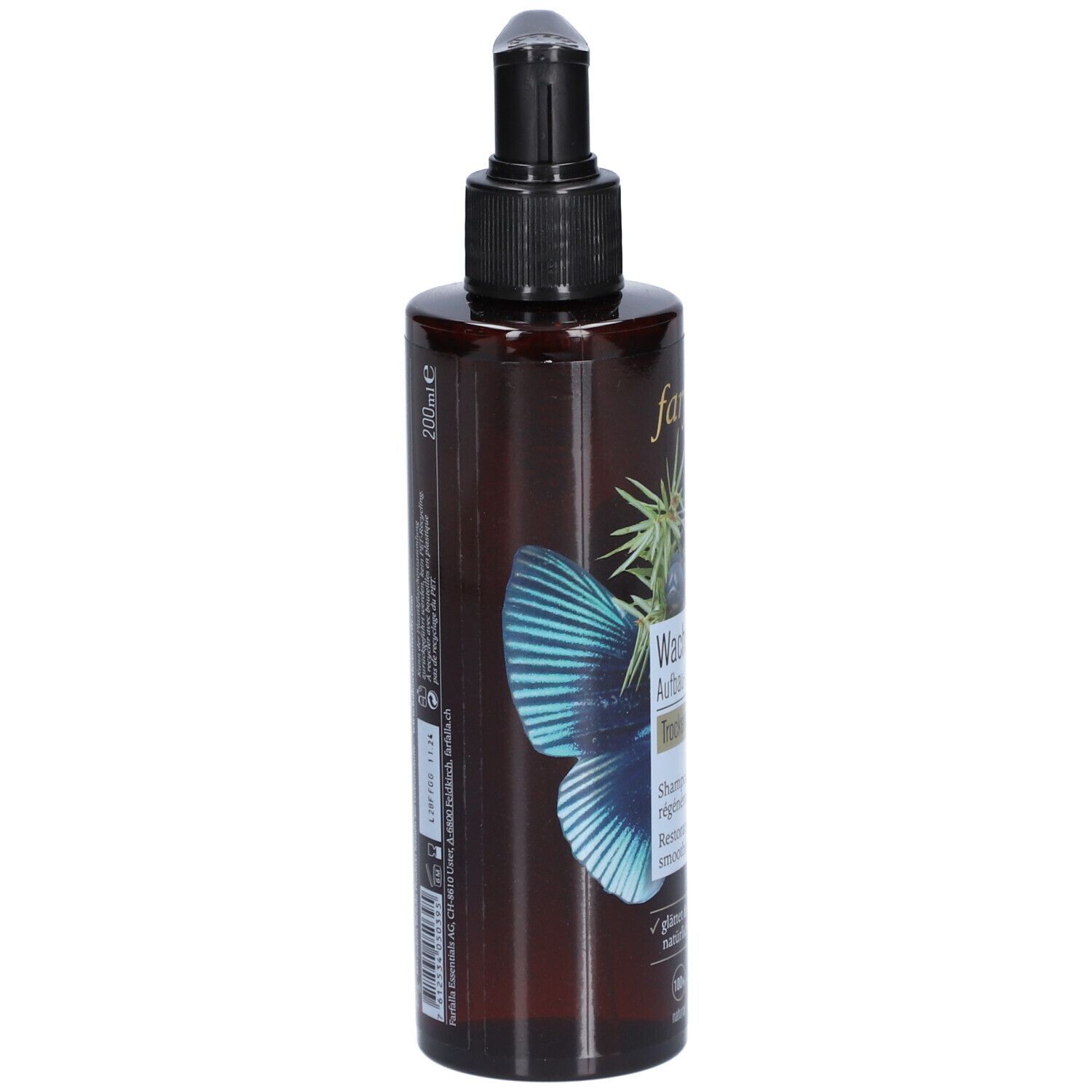 Braune Flasche mit schwarzem Pumpkopf. Aufschrift: Farfalla Wacholder Aufbau-Shampoo. Rückseite mit Text und Inhaltsstoffen. 200ml.