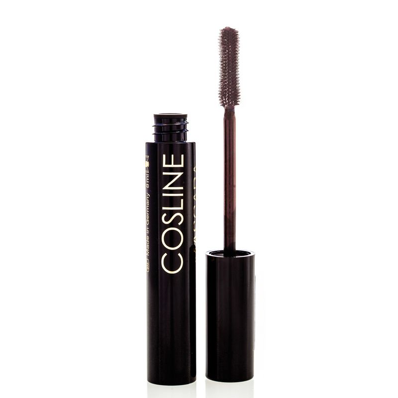 Schwarze Mascarabürste mit brauner Bürste und Produktflasche. Aufschrift: Cosline.