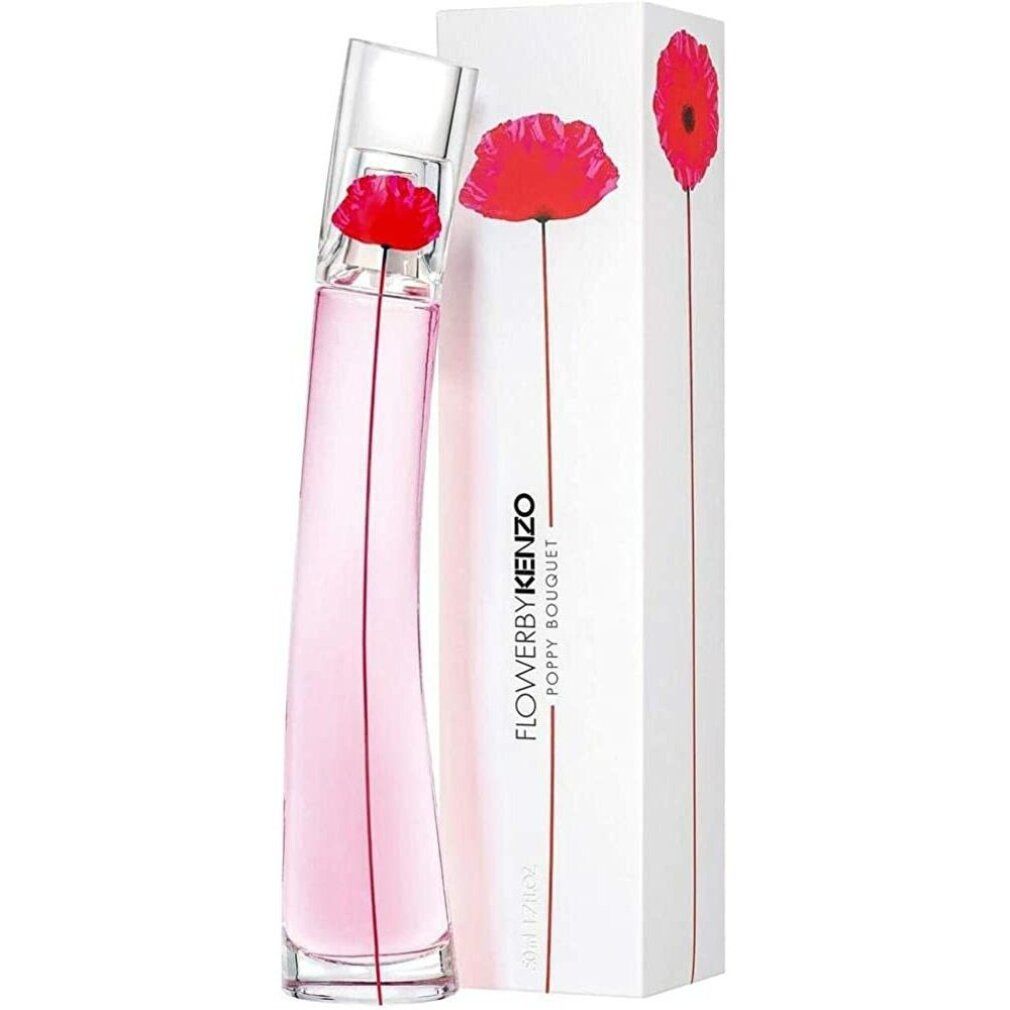 Parfümflakon und Verpackung. Flakon mit roter Blume, rosa Flüssigkeit. Verpackung mit roter Mohnblume und Schriftzug.