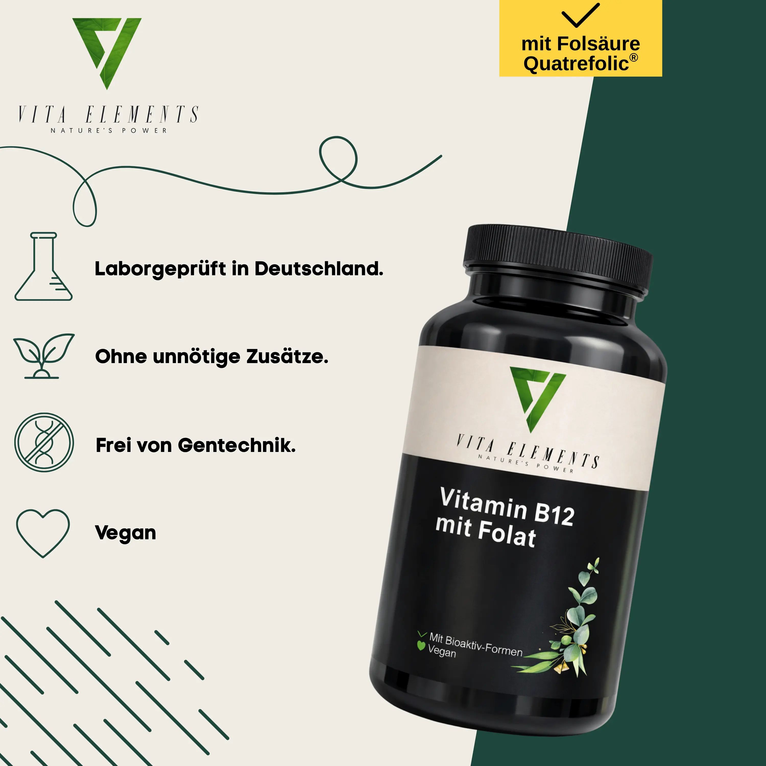 Flasche Vita Elements Vitamin B12 mit Folat, mit Icons für Laborprüfung, vegan und ohne Gentechnik.