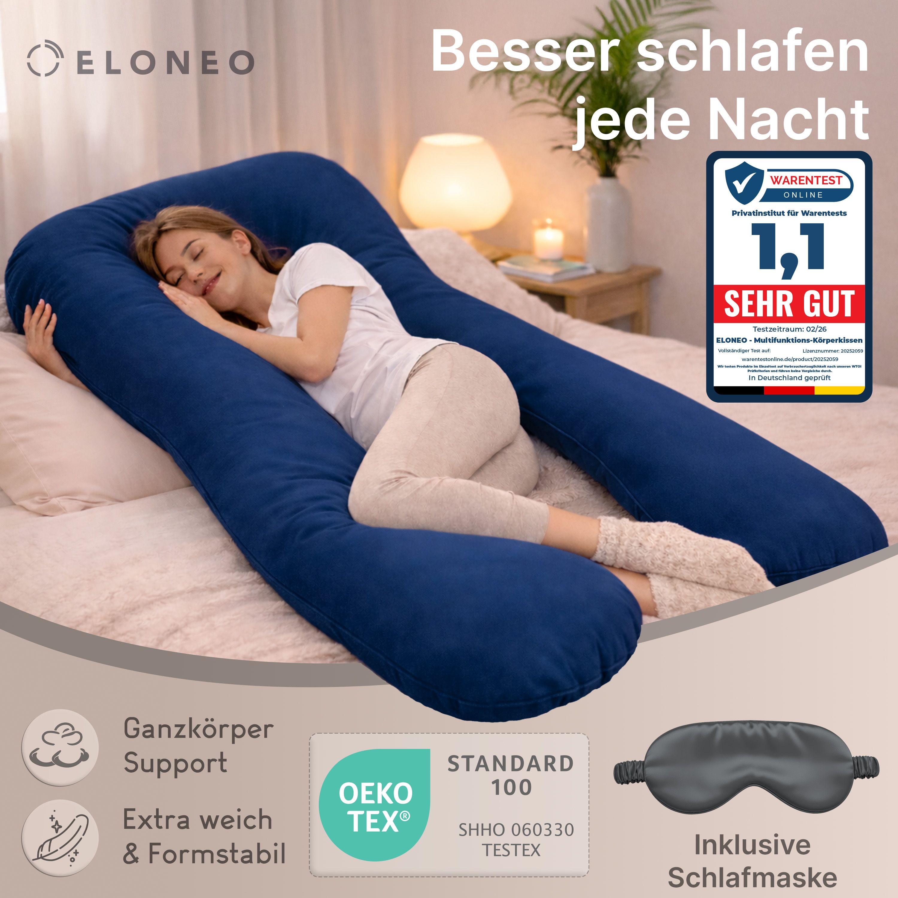 Multifunktions-Körperkissen mit Schlafmaske, Blau