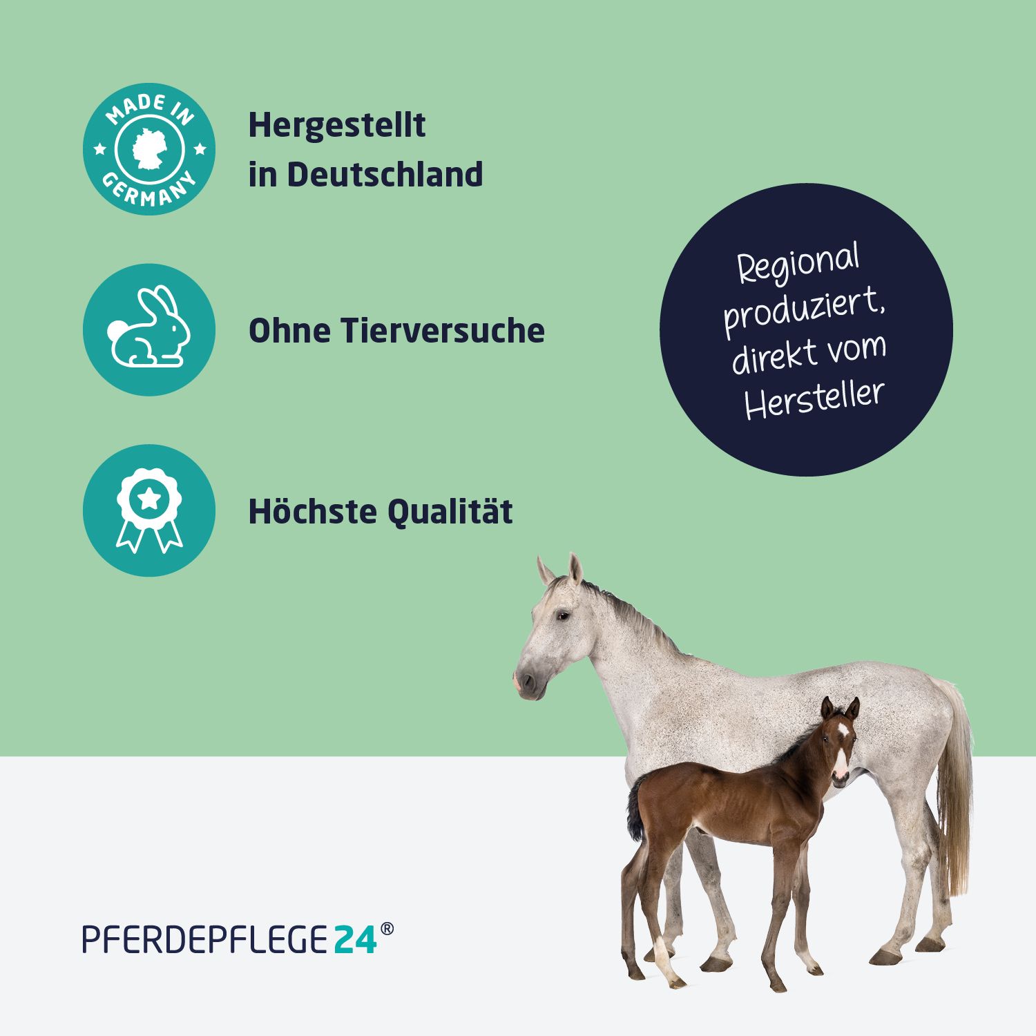 Pferde mit Text: Pferdepflege24. Siegel: Hergestellt in Deutschland, ohne Tierversuche, höchste Qualität. Regional produziert.