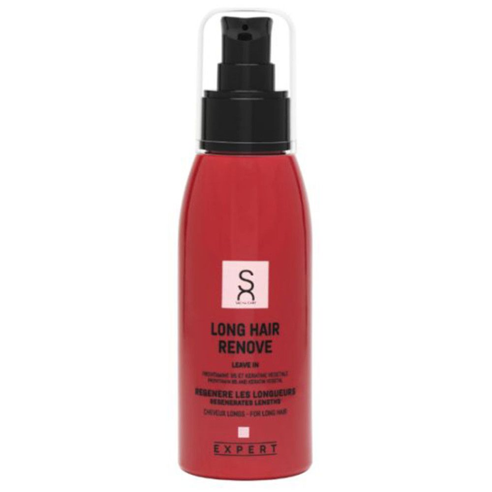 Rote Flasche mit schwarzem Pumpkopf. Aufschrift: Long Hair Remove, Regeneriert Längen. Marke: Sacha Care.
