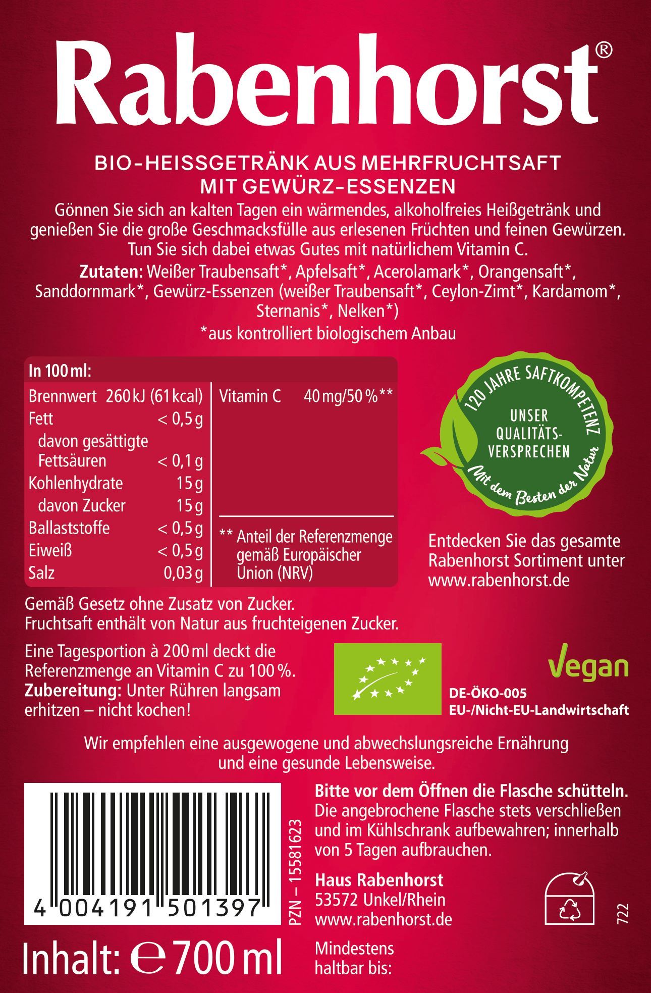 Rückseite der Rabenhorst Heißer Horst BIO-Flasche. Text mit Zutaten, Nährwerten, Vegan-Siegel und Bio-Zertifizierung.