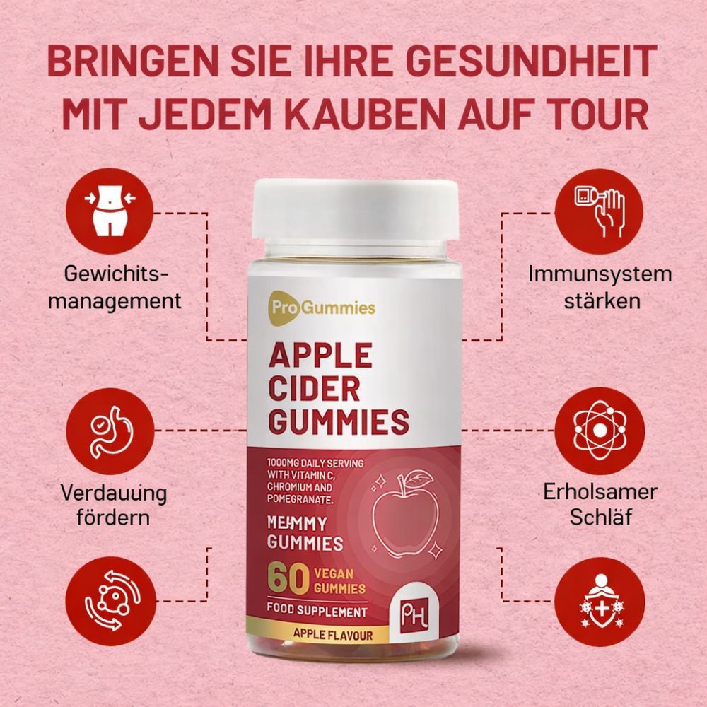 Flasche „Apple Cider Gummies“ mit Icons: Gewichtsmanagement, Verdauung, Immunsystem, erholsamer Schlaf. 60 vegane Gummies.