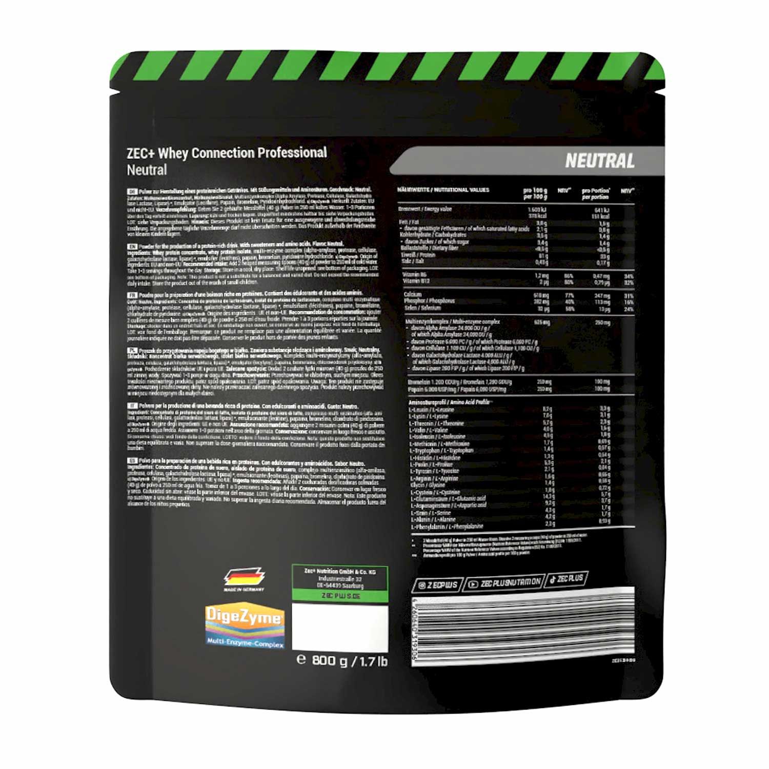 Rückseite der ZEC+ Whey Connection Professional Verpackung. Enthält Nährwertangaben und Text in mehreren Sprachen. Schwarzer Hintergrund.