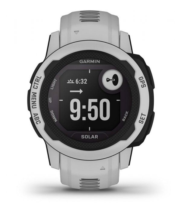 Smartwatch mit weißem Armband und schwarzem Zifferblatt. Zeigt Uhrzeit und Symbole an. Marke Garmin.