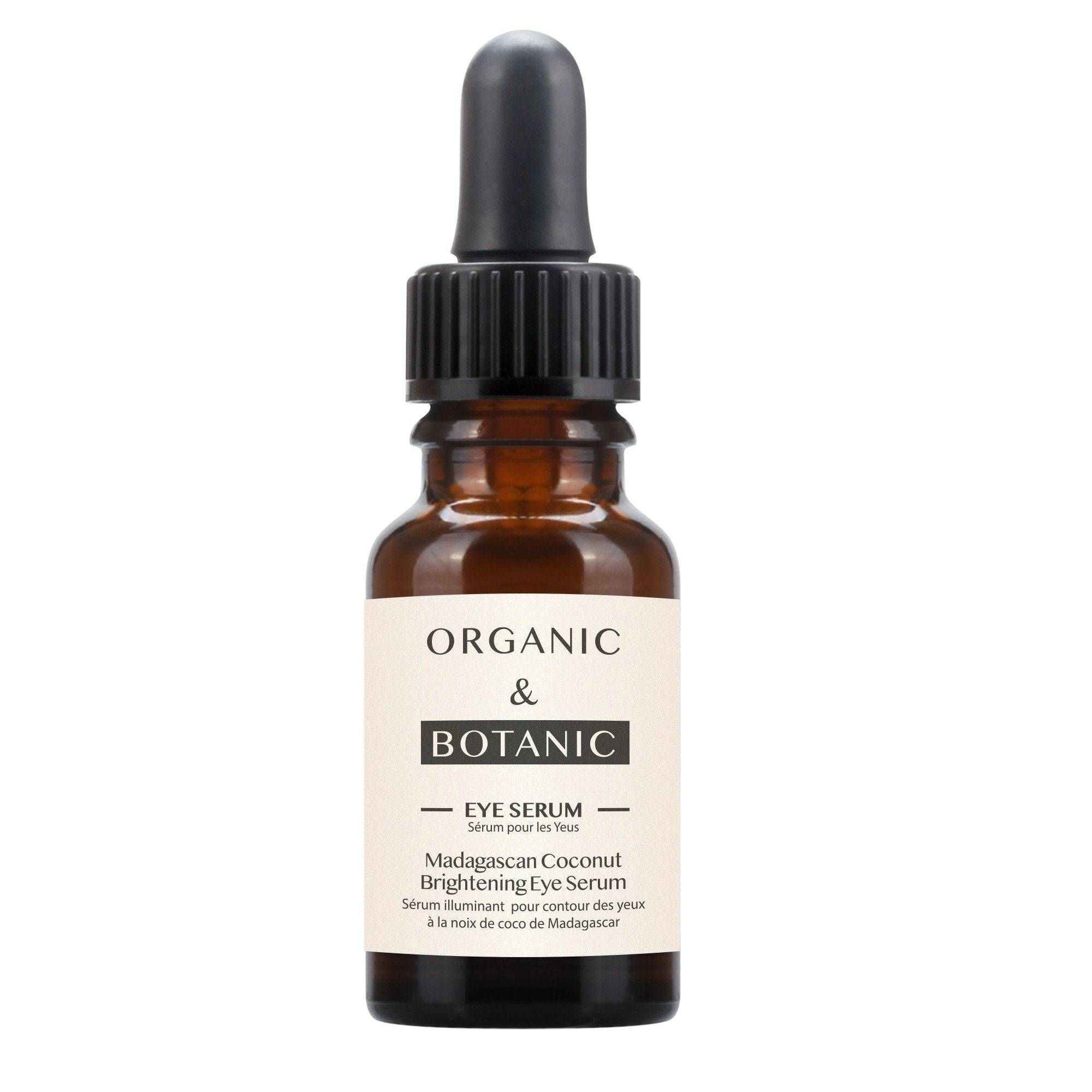 Braune Glasflasche mit schwarzem Tropfer. Auf dem Etikett steht "Organic & Botanic EYE SERUM".