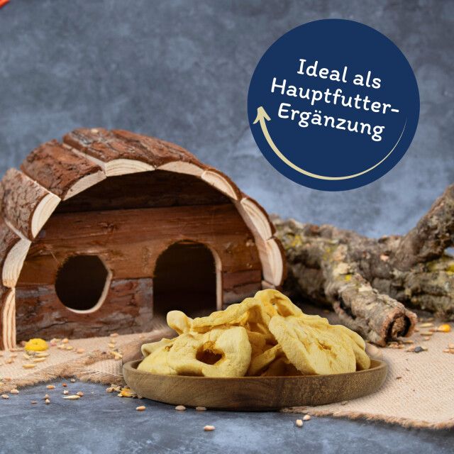 Getrocknete Apfelringe in einer Holzschale. Text: 'Ideal als Hauptfutter-Ergänzung'. Hintergrund: Holzhäuschen.