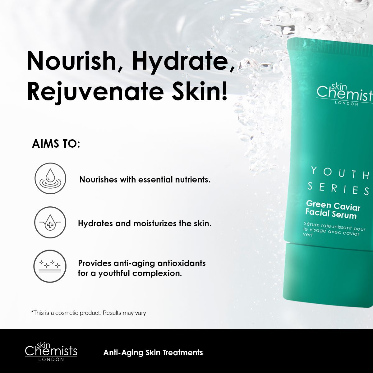 Grüne Tube mit Serum, Text: Youth Series Green Caviar Facial Serum. Logo SkinChemists London. Text: Anti-Aging Skin Treatments.