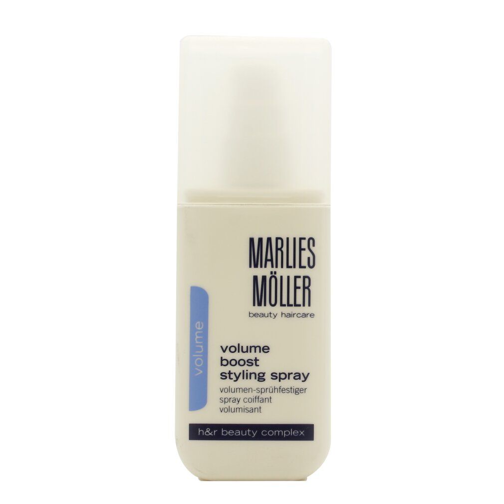 Beige Sprühflasche mit weißem Deckel. Aufschrift: Marlies Möller, Volume Boost Styling Spray. Blaue Akzente.