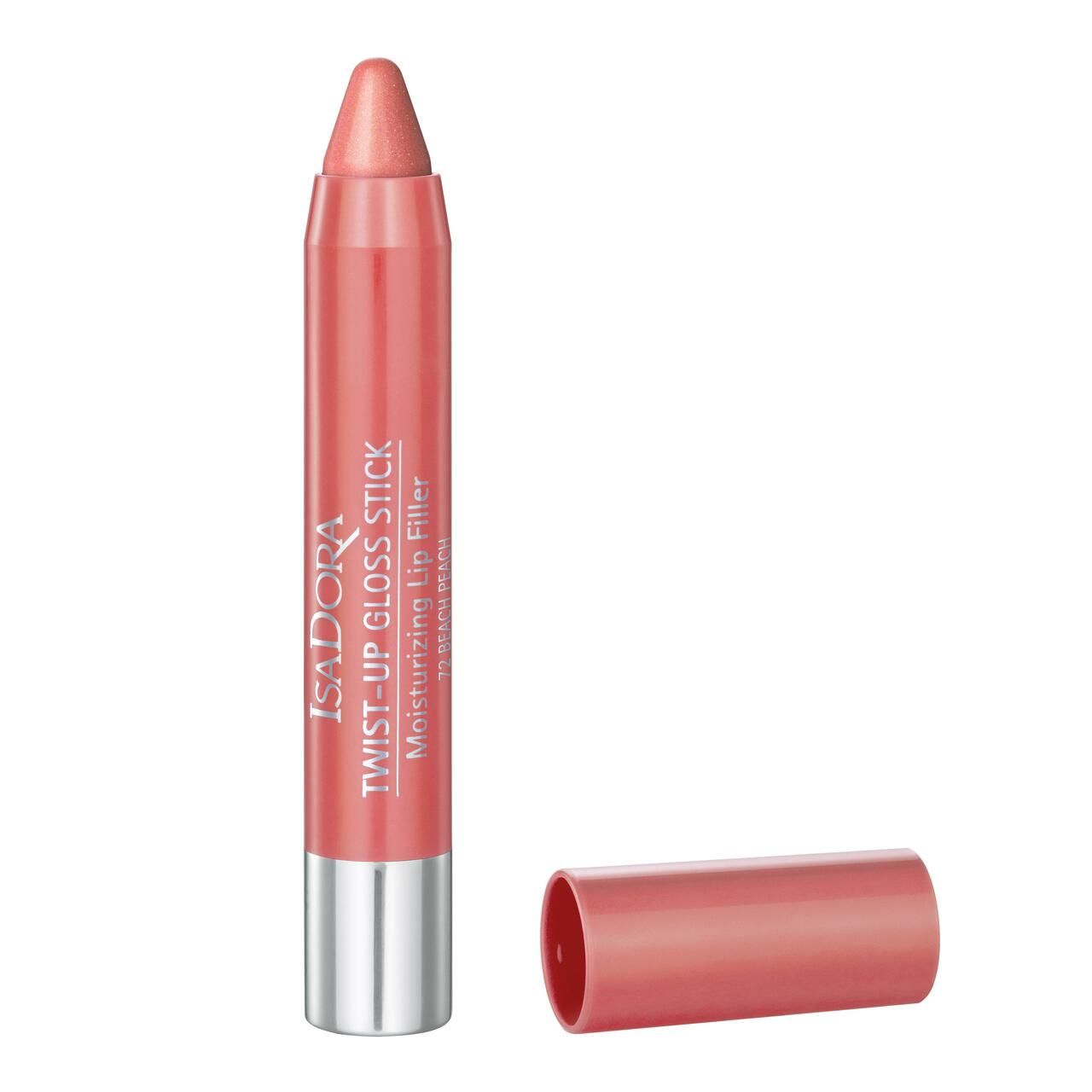 IsaDora Twist-Up Gloss Stick. Rosa Lippenstiftstift mit silbernem Boden und abgenommenem Deckel. Text: Twist-Up Gloss Stick, Moisturizing Lip Filler.