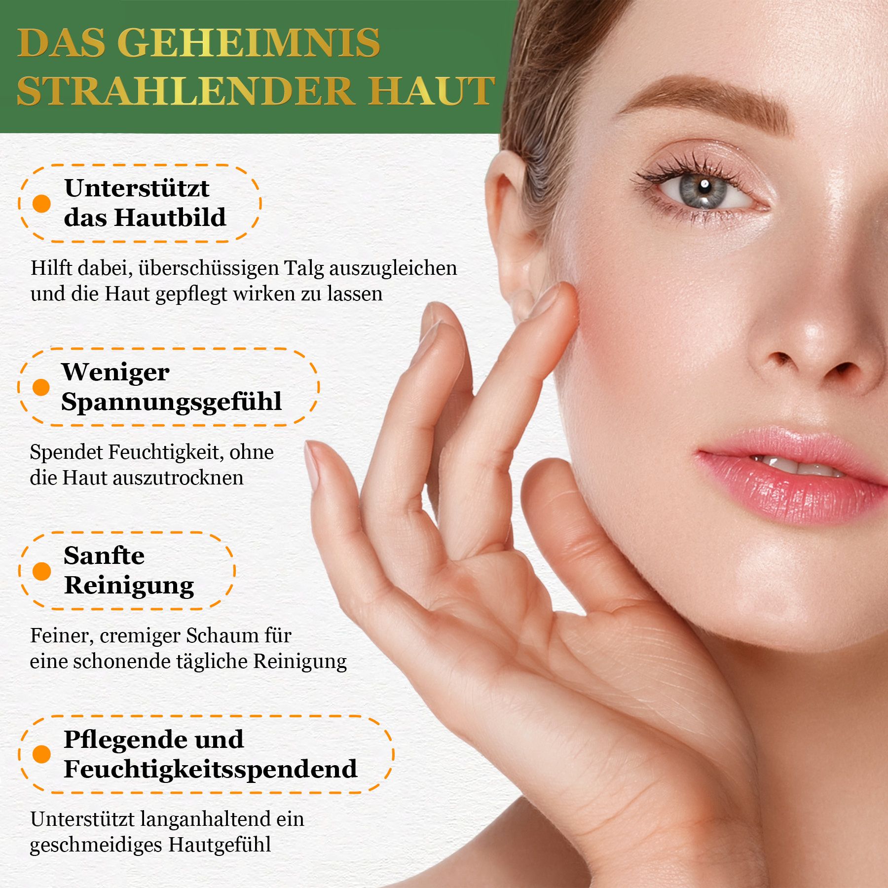 Frau mit glatter Haut und Symbolen für Hautbild, Spannungsgefühl, Reinigung und Feuchtigkeit.