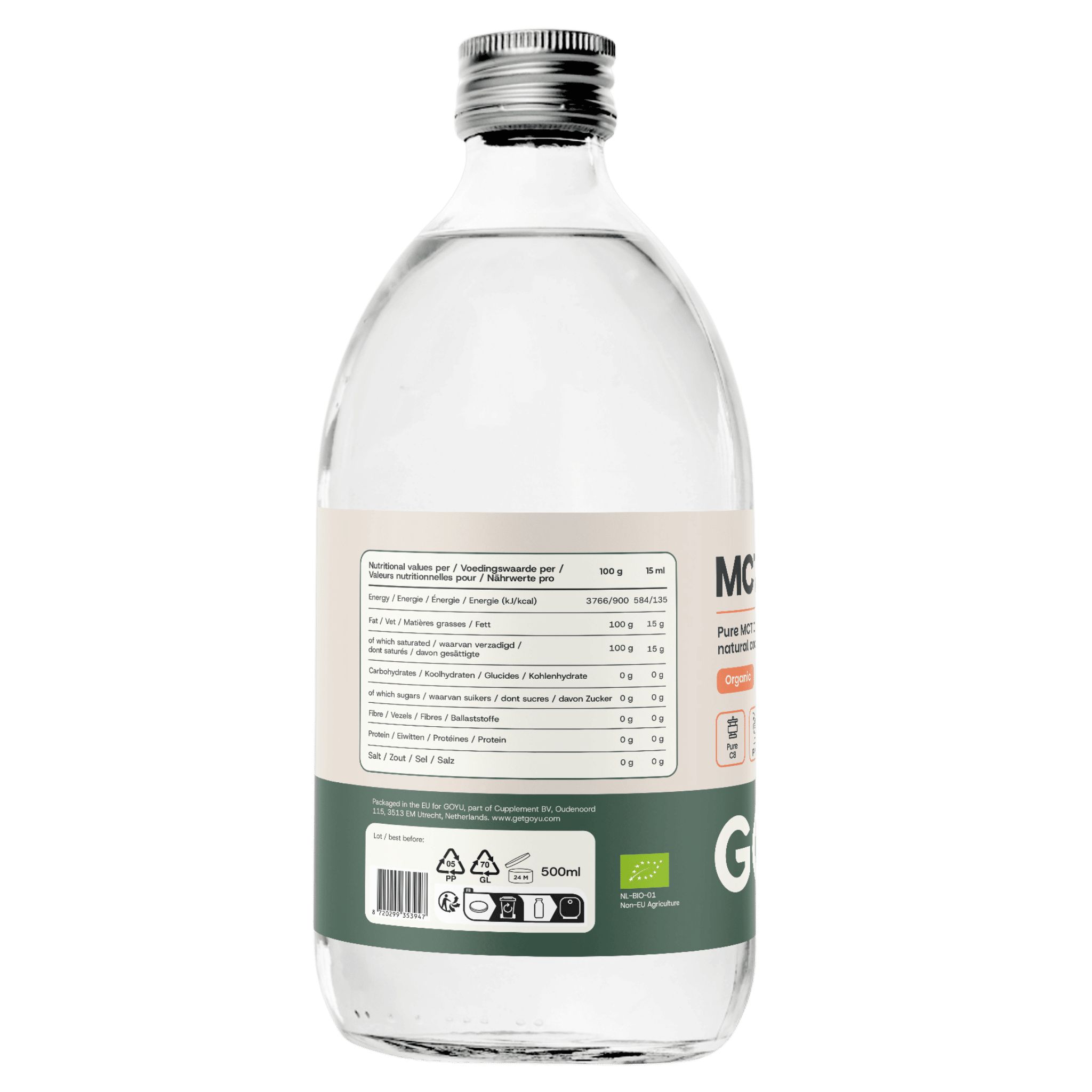 Flasche mit MCT Öl C8, 500ml. Nährwertangaben und Bio-Siegel auf dem Etikett.