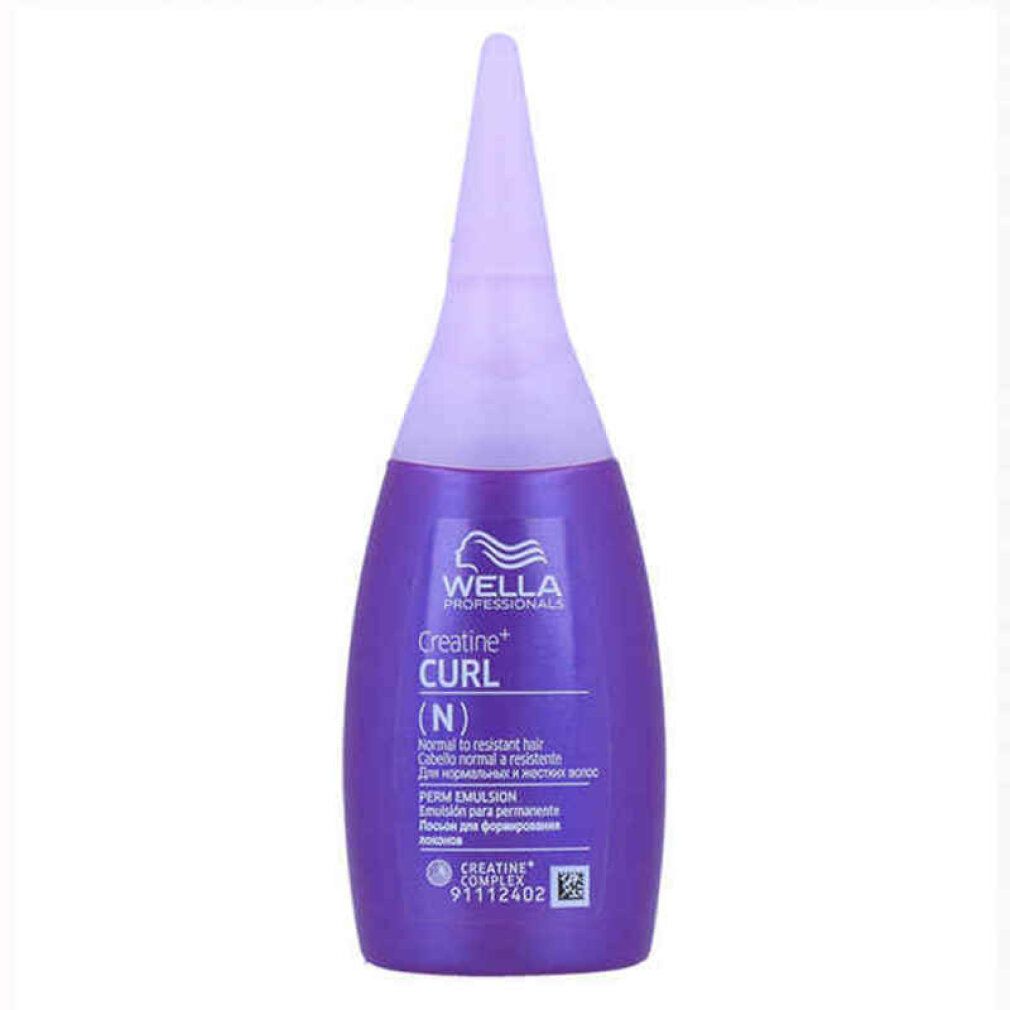 Violette Flasche mit spitzem Verschluss. Aufschrift: Wella, Creatine Curl (N), Perm Emulsion. Enthält das Creatine Complex. Mit Code.