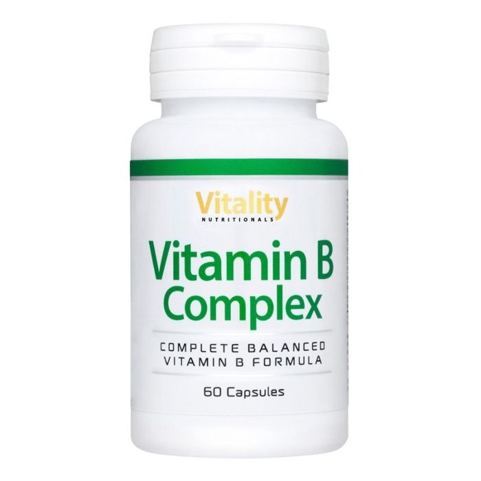 Weiße Flasche mit grünem Streifen. Aufschrift: Vitality Nutritionals Vitamin B Komplex, 60 Kapseln.