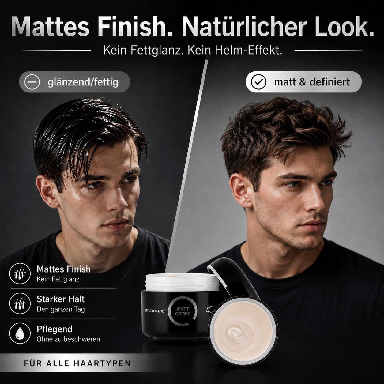Vergleich von Haarstylings: glänzend/fettig vs. matt & definiert. Produkt im Tiegel.