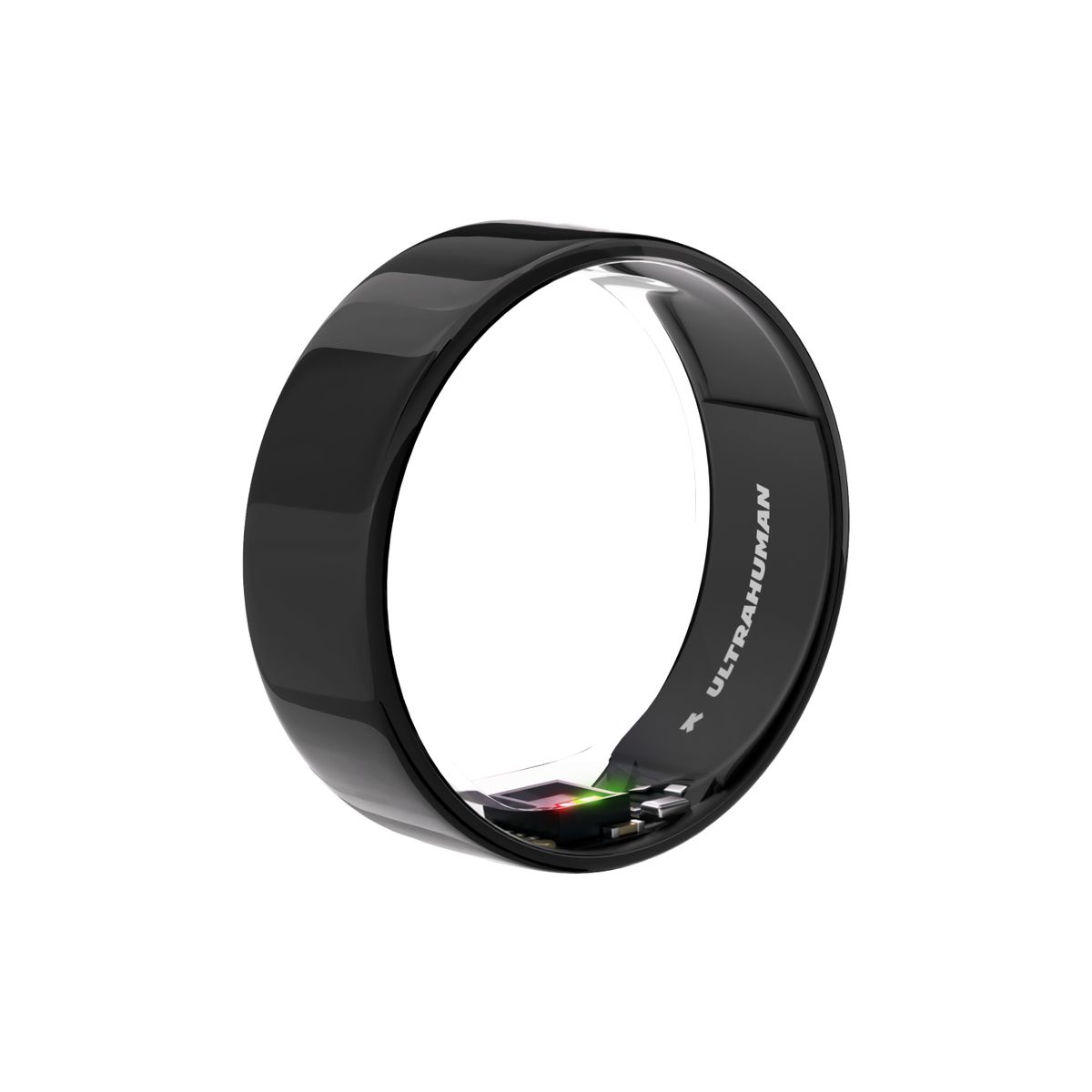 Schwarzer Ring mit 'ULTRAHUMAN' Schriftzug. Sichtbare Sensoren mit grünen und roten Lichtern.
