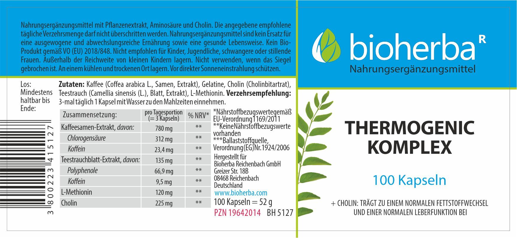 Etikett mit blauem Streifen, weißem Text und grünem Logo. Enthält Informationen zu Inhaltsstoffen und Dosierung.
