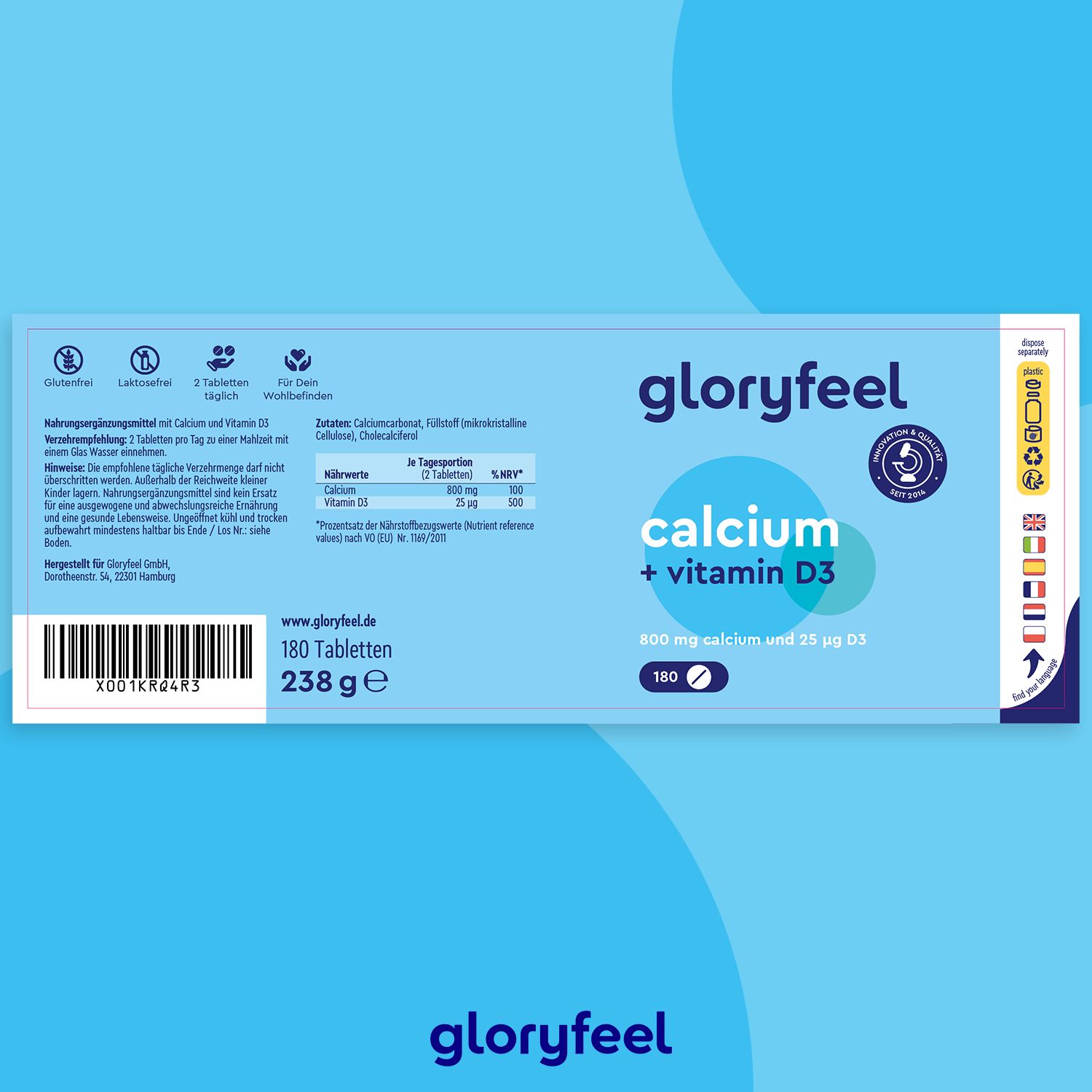 gloryfeel® Calcium 800 + Vitamin D3 1000 I.E.Tabletten 180 St Tabletten