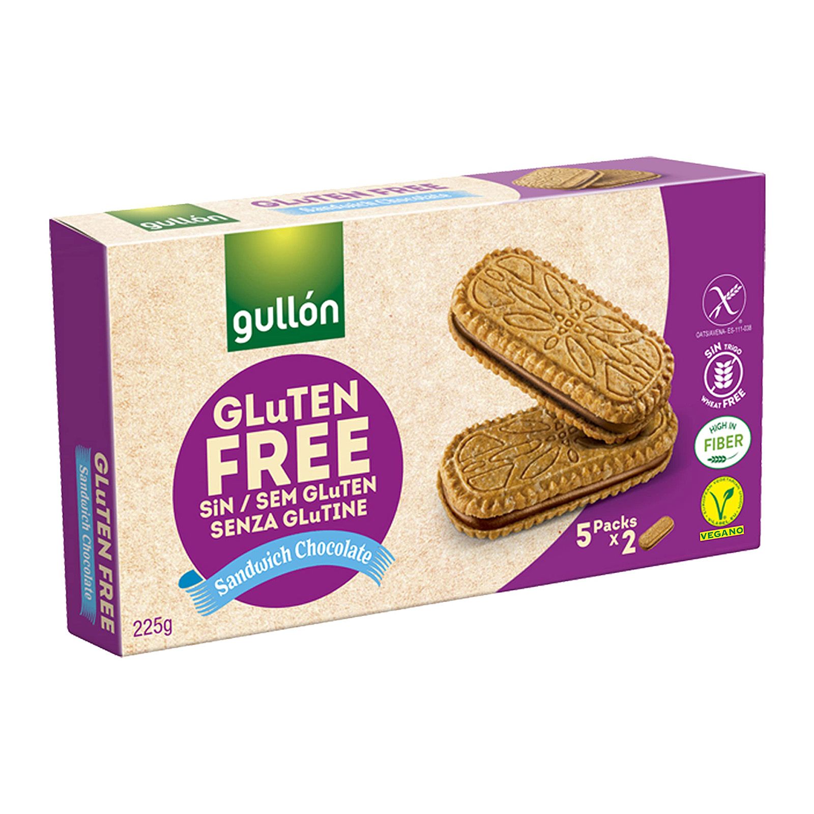 Verpackung mit glutenfreien Sandwich-Keksen. Marke Gullón. Aufschrift: Gluten Free, Sandwich Chocolate. Enthält 5 Packungen à 2 Stück.
