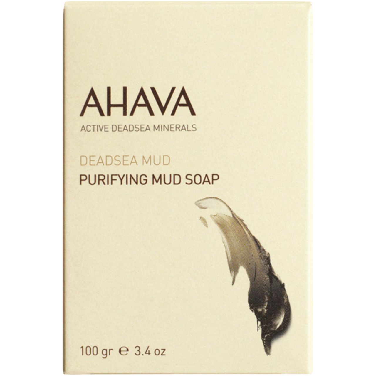 AHAVA Deadsea Mud Seife in Verpackung. Schriftzug: Deadsea Mud Purifying Mud Soap. Gewicht: 100 g. Abbildung von Schlamm.