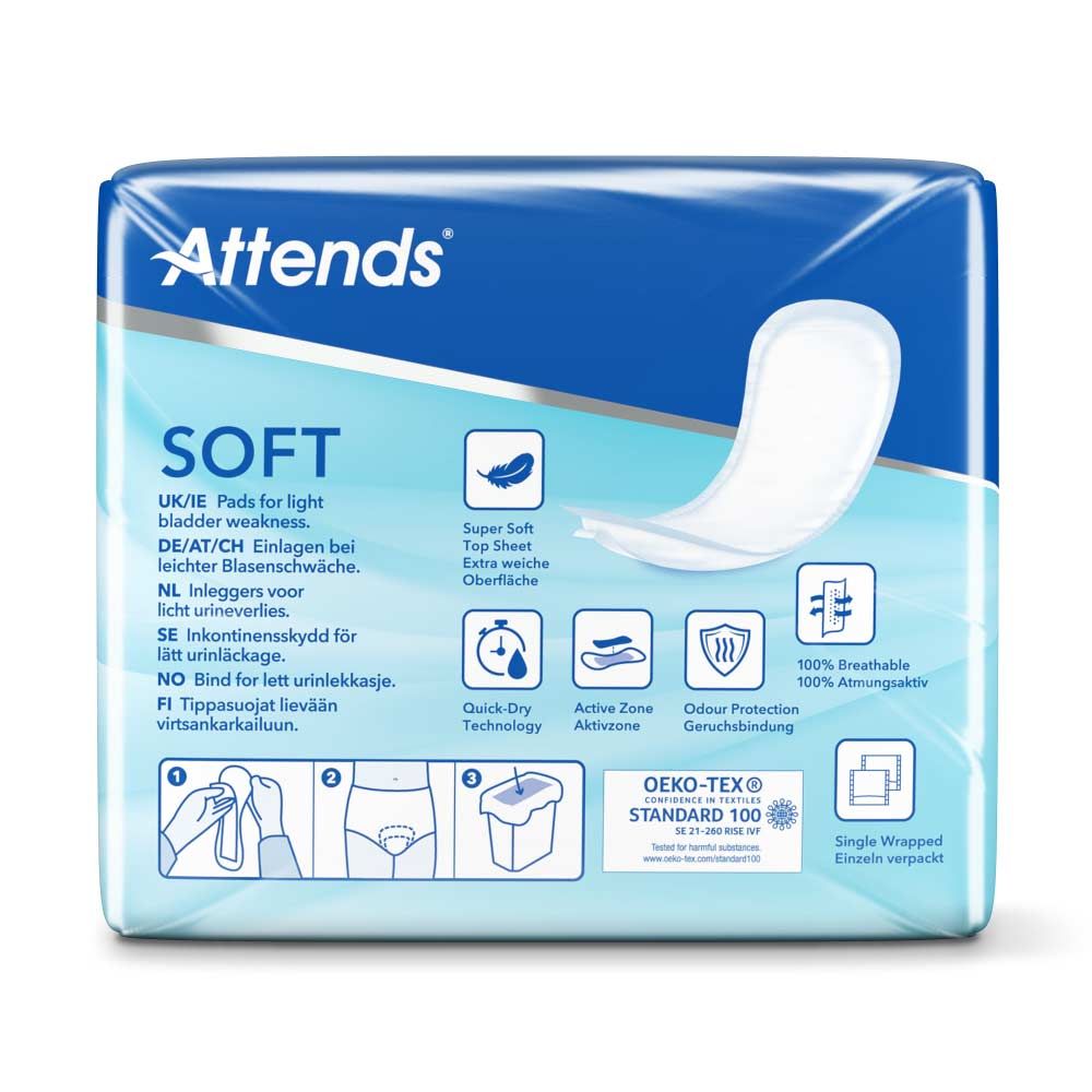 Attends Soft 3 Extra. Rückseite der Verpackung. Enthält Informationen zu Eigenschaften wie Atmungsaktivität und Geruchsbindung.
