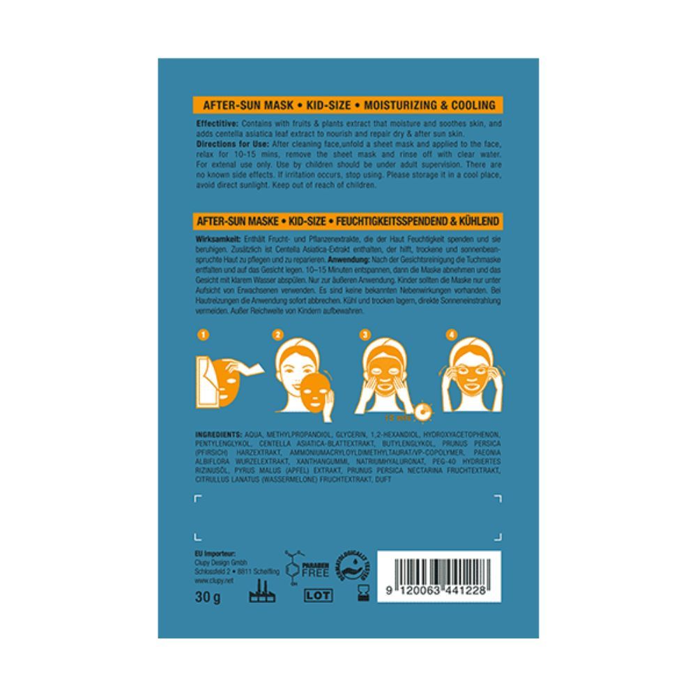 Rückseite der After-Sun Maske für Kinder. Text: Anwendung, Inhaltsstoffe, Warnhinweise. Abbildung: Anwendungsschritte.