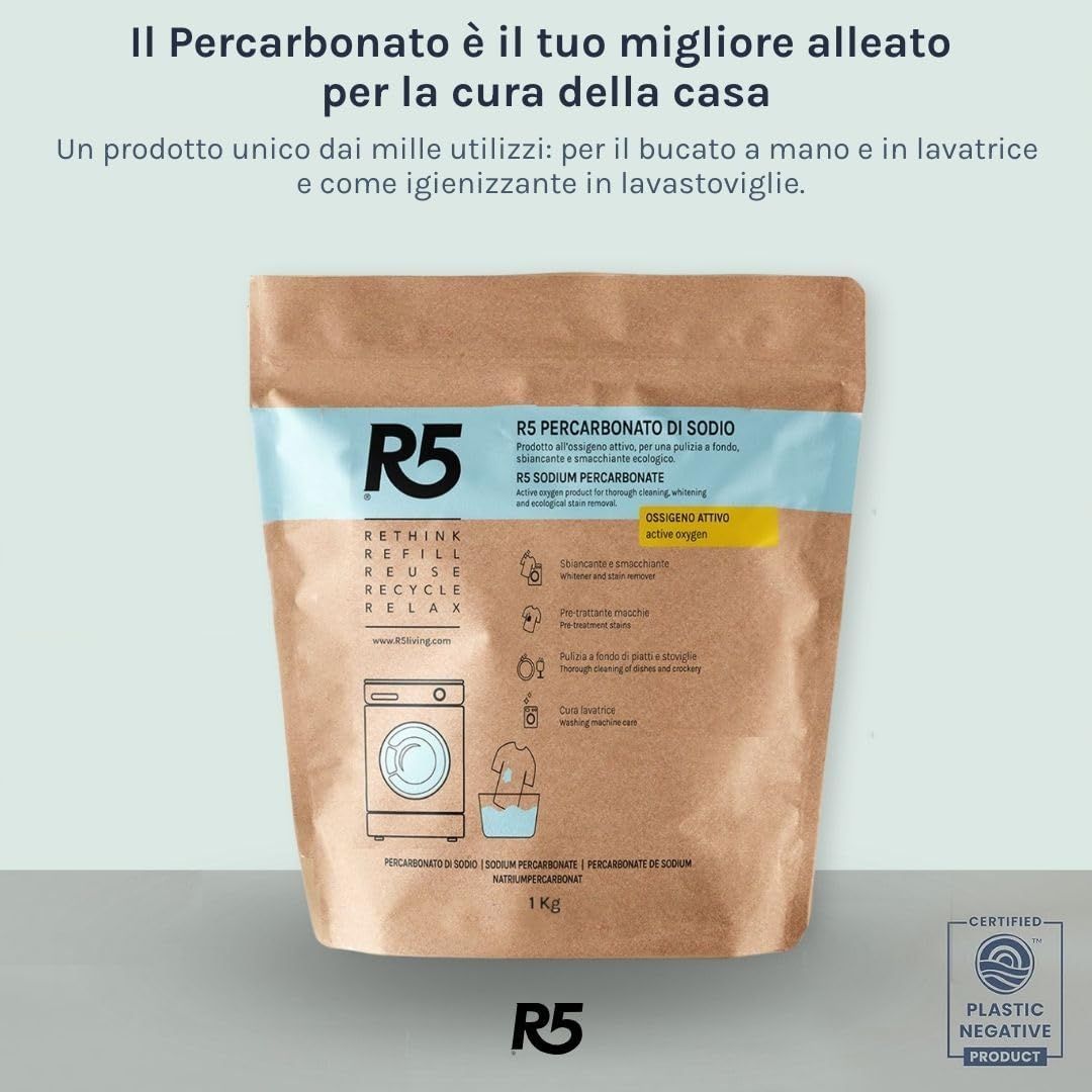 Beutel R5 Percarbonato di Sodio Polvere. Text: R5, Rethink, Refill, Reuse, Relax. Logo Plastic Negative Product.