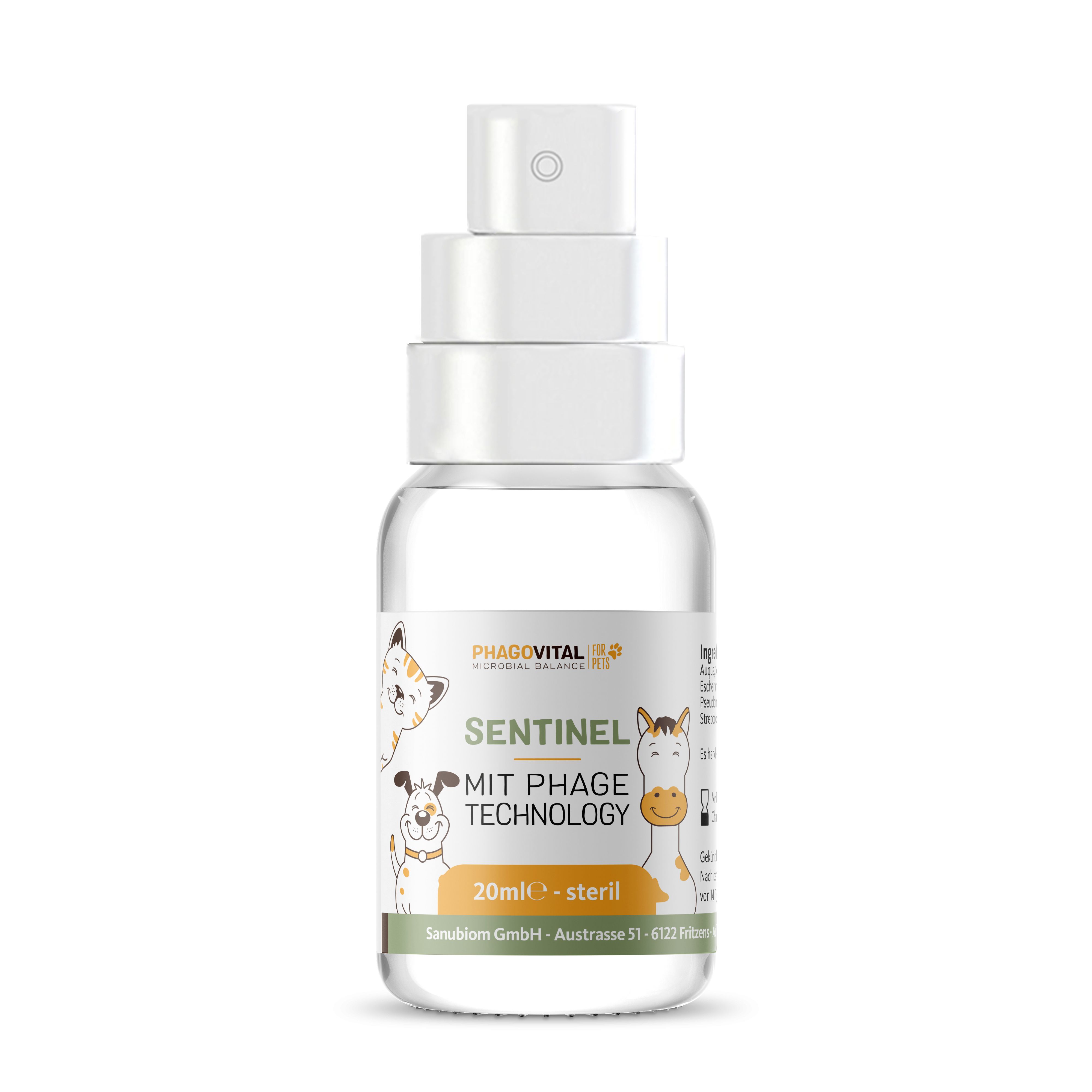 Transparente Sprühflasche mit weißem Sprühkopf. Aufschrift: Sentinel, MIT PHAGE TECHNOLOGY, 20ml - steril. Illustrationen von Tieren.