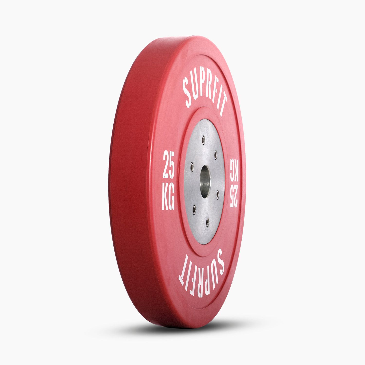 Rote Suprfit Pro Competition Bumper Plate. 25 KG Gewicht. Silberne Mitte mit Schrauben. Aufschrift: SUPRFIT. Seitenansicht.