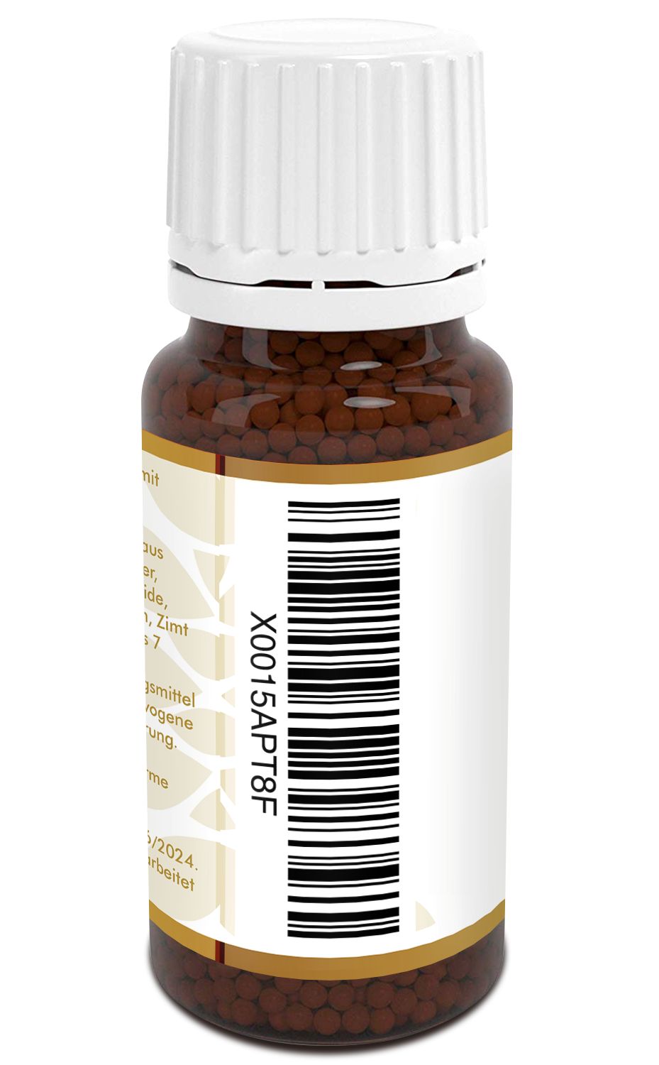 Braune Globuli in einer braunen Glasflasche mit weißem Deckel. Auf der Rückseite ein Barcode und Text.