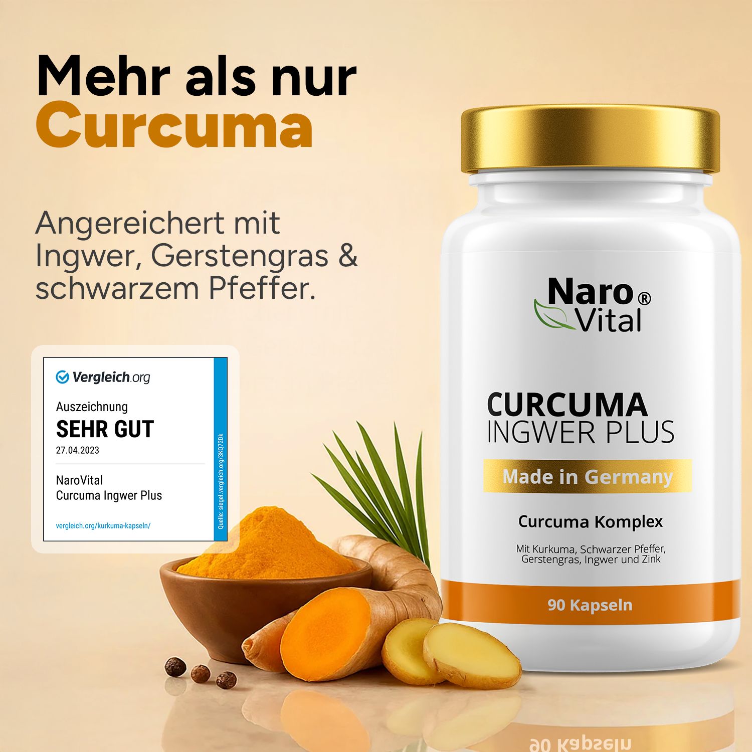 Produktflasche neben Kurkuma, Ingwer, Pfefferkörnern und einem Auszeichnungssiegel. Aufschrift: NAROVITAL® Curcuma Ingwer Plus.