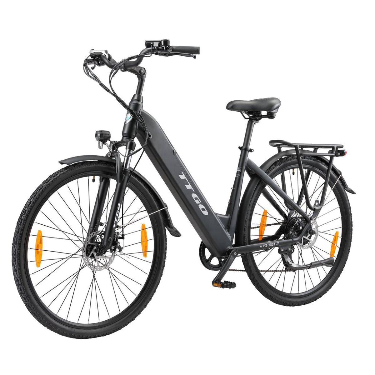 Schwarzes E-Bike TTGO. Gepäckträger, Schutzbleche, Scheinwerfer und Reflektoren. Kenda-Reifen.