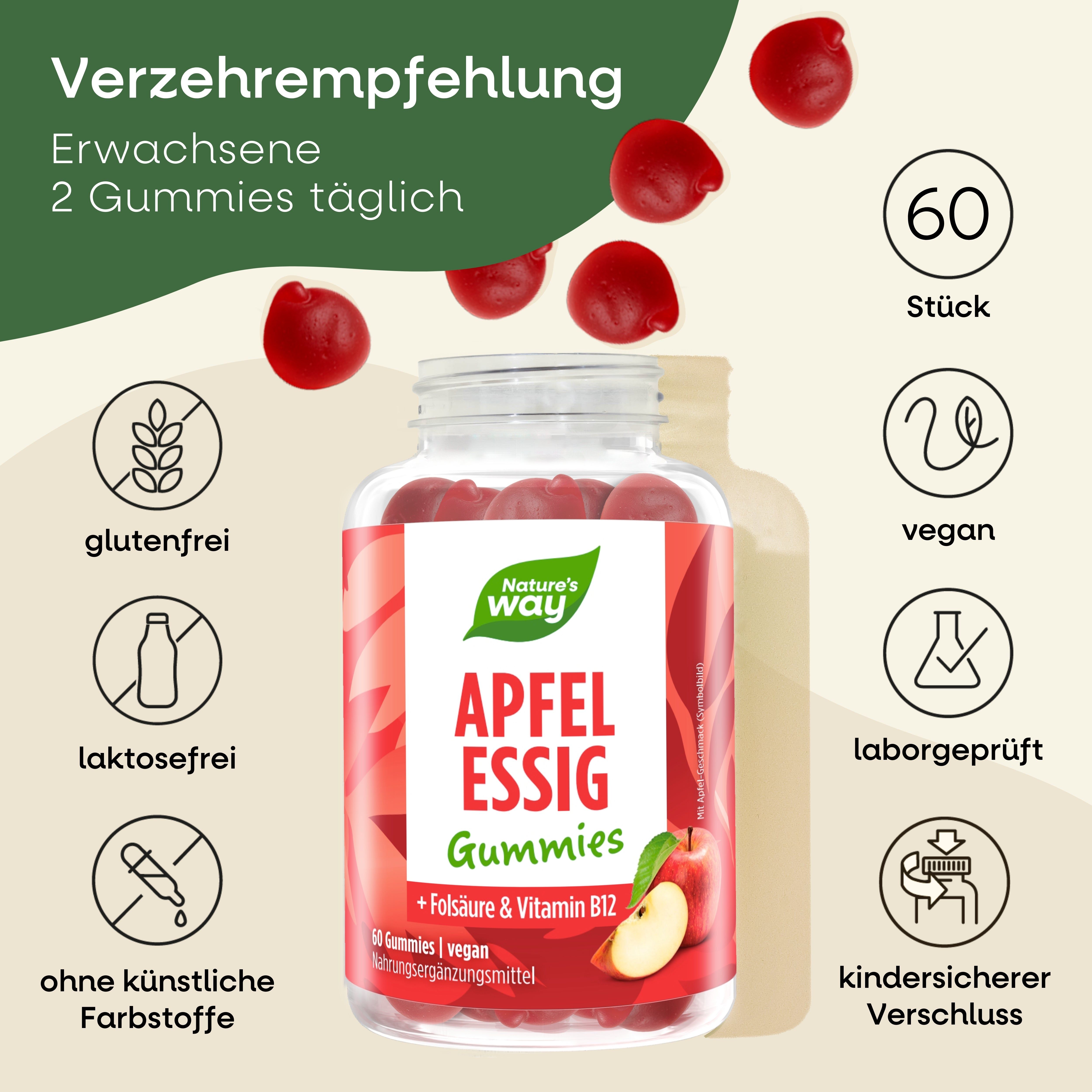 Apfelessig Gummies I 1000 mg Apfelessigpulver, Folsäure, Vitamin B12