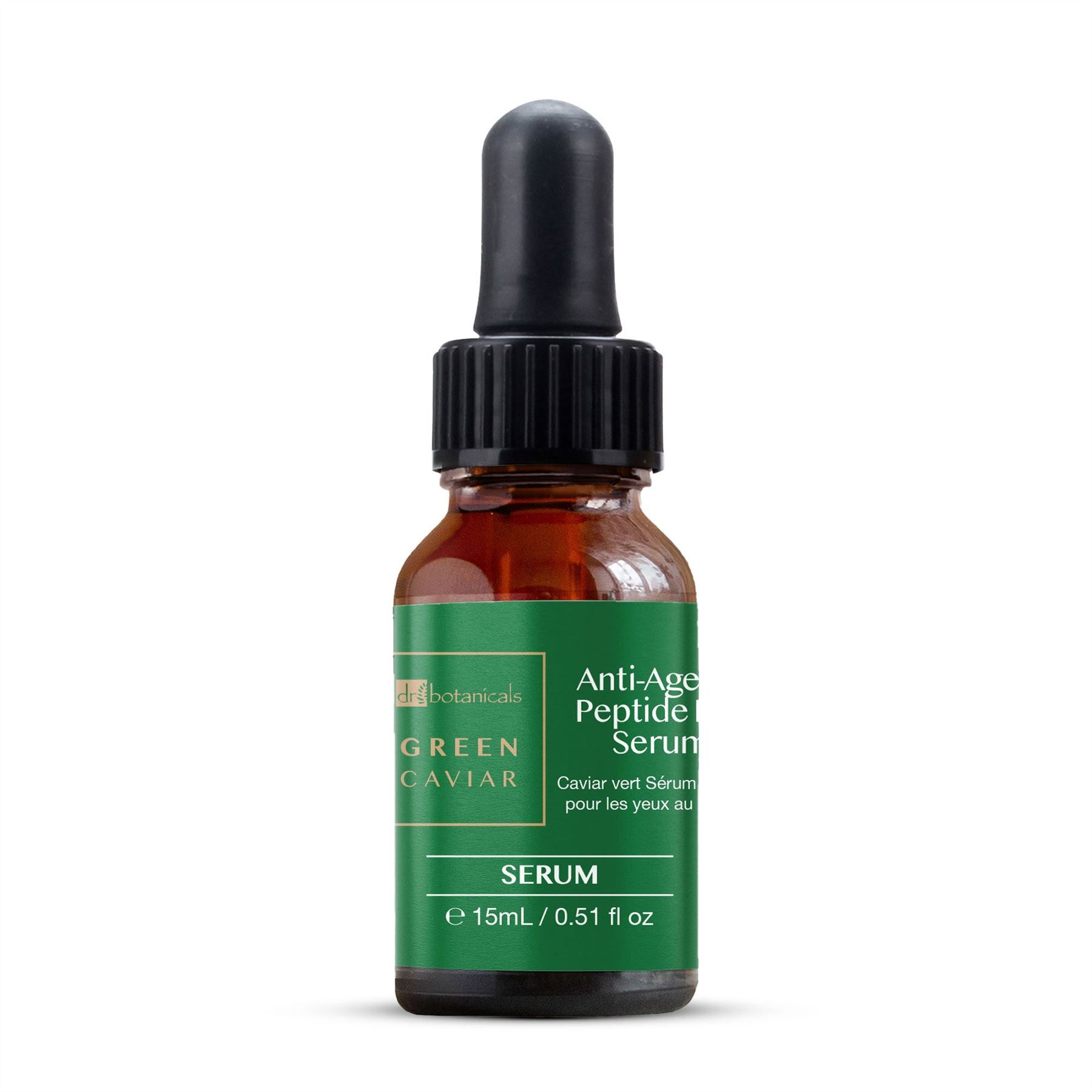 Dr. Botanicals Grünes Kaviar Anti-Aging Peptid Augen Serum Fläschchen mit Pipette.