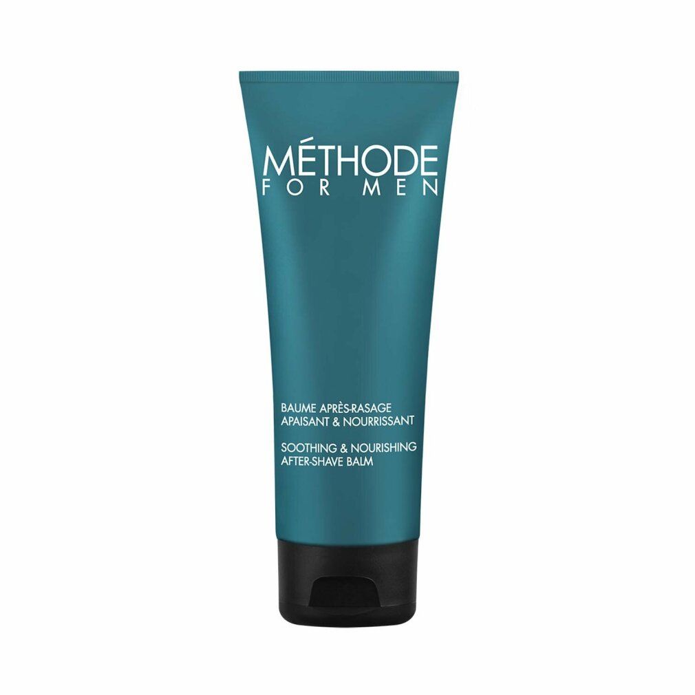 Türkisgrüne Tube mit schwarzem Deckel. Aufschrift: MÉTHODE FOR MEN, Balsam nach der Rasur.