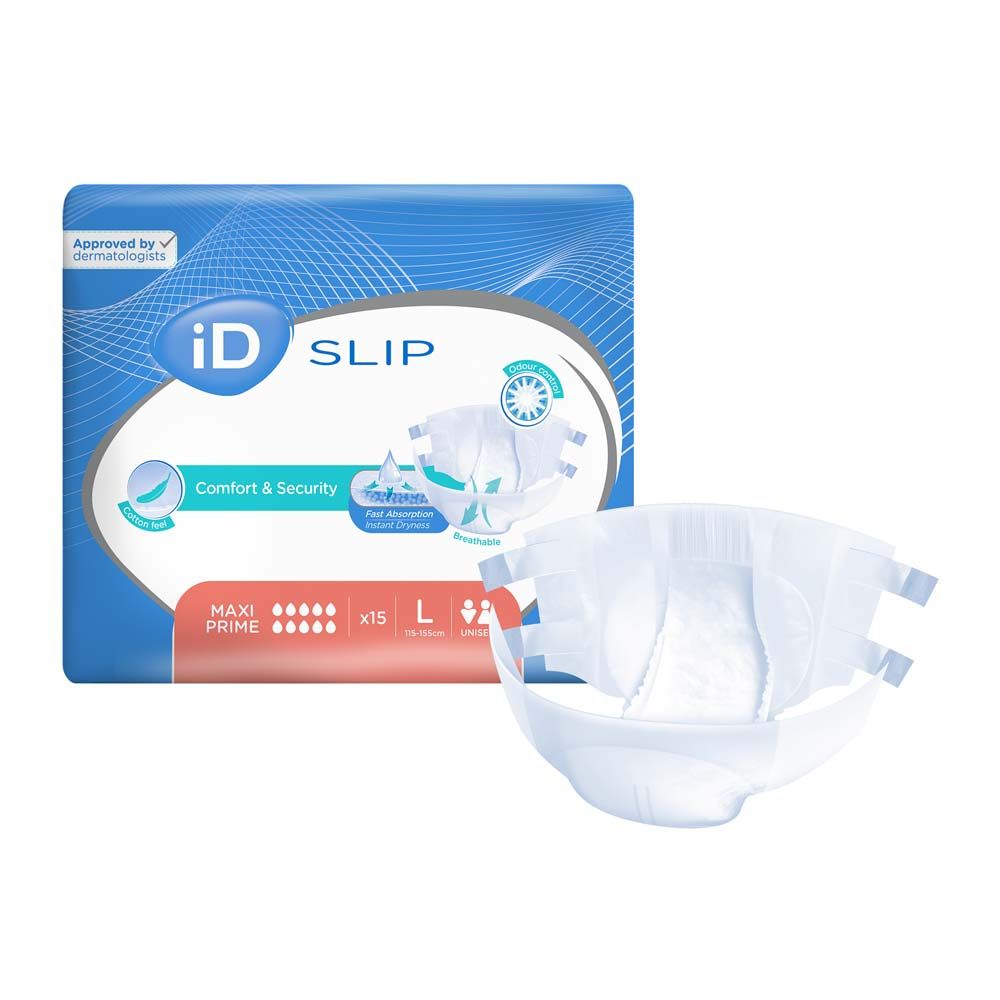 iD Slip Maxi Prime L. Packung und Produkt. Auf der Packung: iD, SLIP, Maxi Prime, L. Produkt: weiß, mit Klebestreifen.