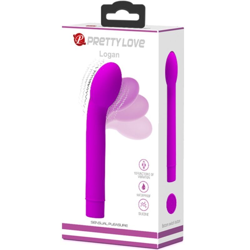 Verpackung von Pretty Love Logan Vibrator. Produktabbildung und Logos. Verpackung enthält Informationen zu Funktionen und Material.