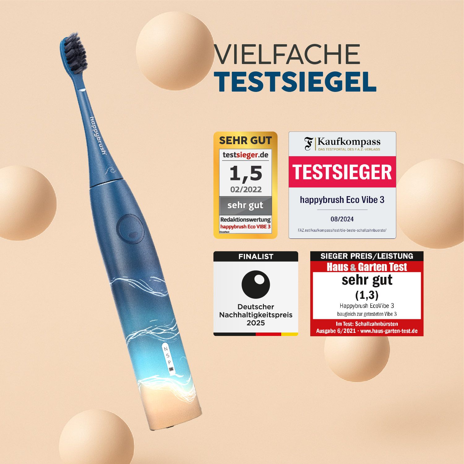 Blaue Schallzahnbürste mit Test-Siegeln. Die Zahnbürste hat einen blauen Griff mit weißem Wellenmuster und einen schwarzen Bürstenkopf. Mehrere Test-Siegel sind sichtbar.