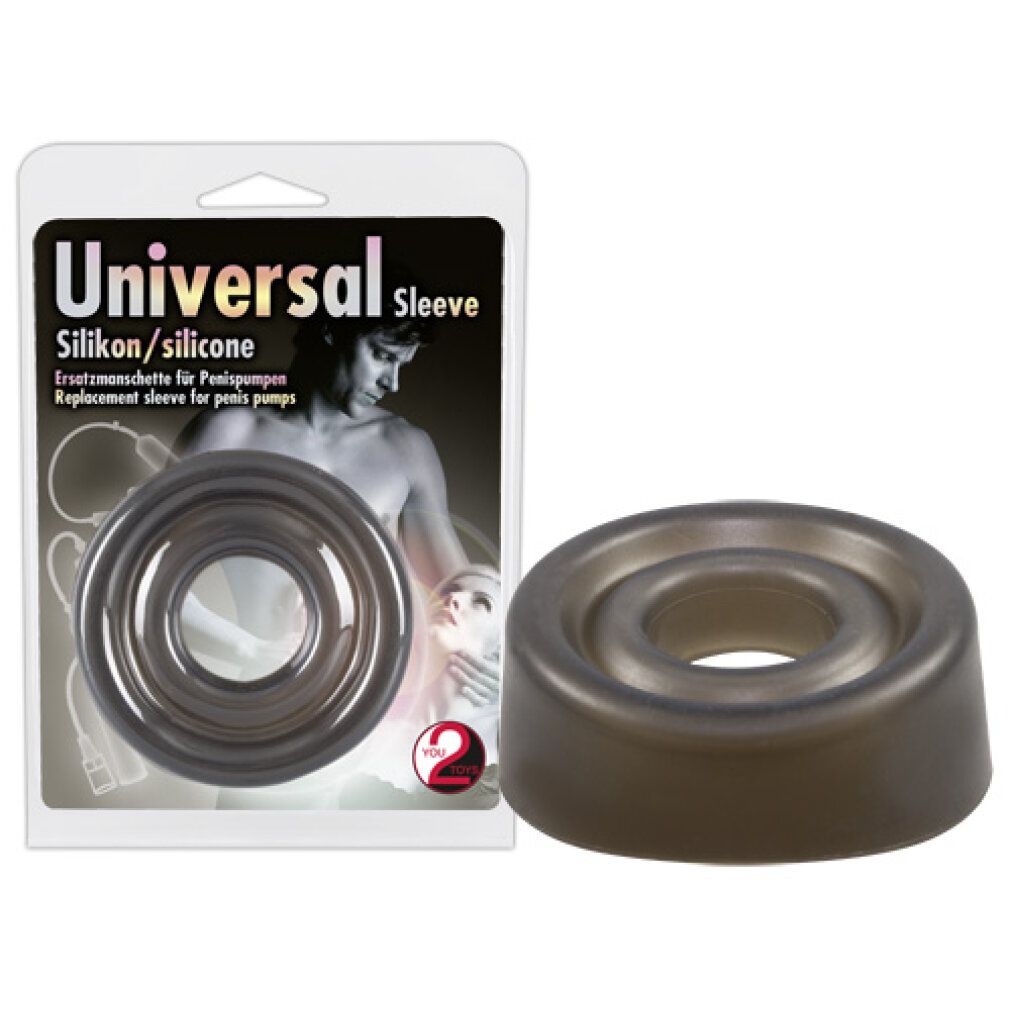 Verpackung mit Manschette. Text: 'Universal Sleeve', 'Silikon/silicone', 'Ersatzmanschette für Penispumpen'.