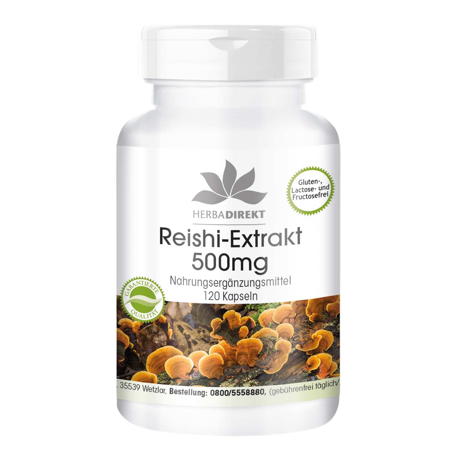 Weiße Flasche mit Reishi-Extrakt 500mg Kapseln. Aufschrift: Herbadirekt, 120 Kapseln, gluten-, laktose- und fructosefrei.